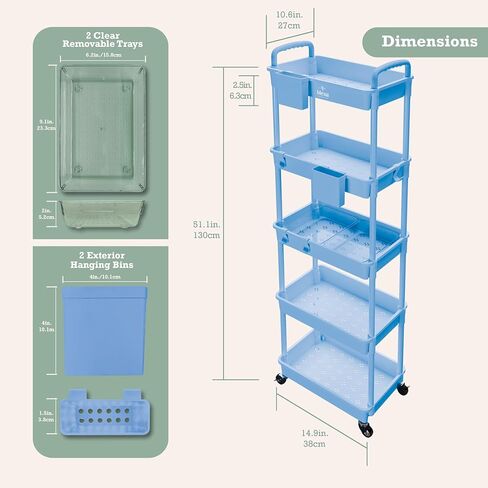 Inspired Living 5-Tier Plastic Rolling Utility Cart with Handle, Lockable Caster Wheels 2 Bins 3 Hanging Baskets & 4 Hooks, Multi-Functional Storage Trolley, for Kitchen, Living Room, Bathroom, White in Saudi Arabia