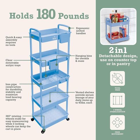 Inspired Living 5-Tier Plastic Rolling Utility Cart with Handle, Lockable Caster Wheels 2 Bins 3 Hanging Baskets & 4 Hooks, Multi-Functional Storage Trolley, for Kitchen, Living Room, Bathroom, White in Saudi Arabia