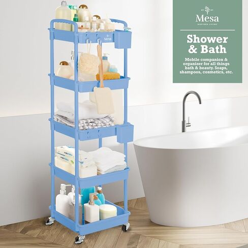 Inspired Living 5-Tier Plastic Rolling Utility Cart with Handle, Lockable Caster Wheels 2 Bins 3 Hanging Baskets & 4 Hooks, Multi-Functional Storage Trolley, for Kitchen, Living Room, Bathroom, White in Saudi Arabia