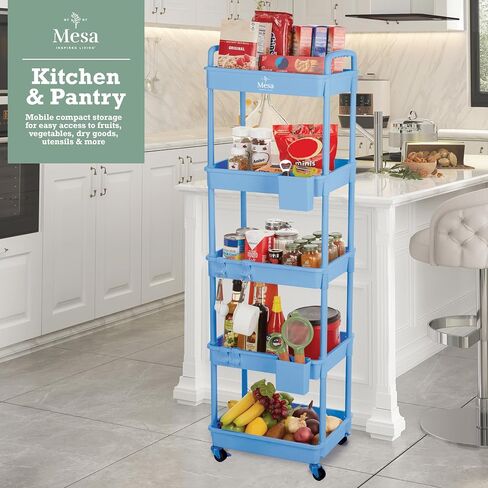 Inspired Living 5-Tier Plastic Rolling Utility Cart with Handle, Lockable Caster Wheels 2 Bins 3 Hanging Baskets & 4 Hooks, Multi-Functional Storage Trolley, for Kitchen, Living Room, Bathroom, White in Saudi Arabia