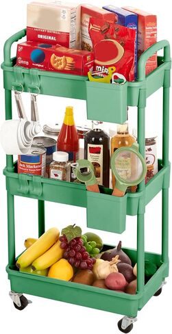 Inspired Living 5-Tier Plastic Rolling Utility Cart with Handle, Lockable Caster Wheels 2 Bins 3 Hanging Baskets & 4 Hooks, Multi-Functional Storage Trolley, for Kitchen, Living Room, Bathroom, White in Saudi Arabia