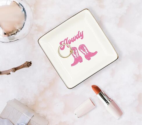 WODMIS Jewelry Tray, Ceramic, Black Howdy, 4x4x1 inches, Ring Storage, Western Cowgirls Theme, Multi-Purpose Use, Gift for Women in Saudi Arabia