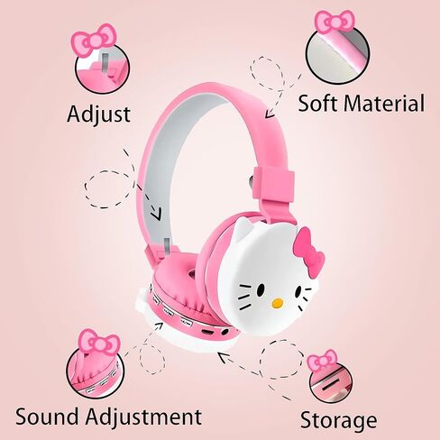 Cartoon Headset with Microphone Foldable Over-Ear Stereo Bluetooth Headset Suitable for Computers/Laptops/Tablets (Pink-Cat) in Kuwait