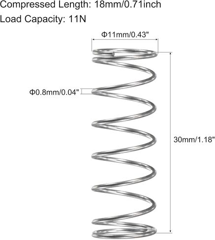 uxcell Compression Spring,304 Stainless Steel,11mm OD,0.8mm Wire Size, 18mm Compressed Length,30mm Free Length,11N Load Capacity for Home Projects, Silver Tone, 10pcs in Saudi Arabia
