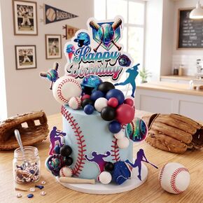 Novabright 42 Pcs Baseball Ice Cream Drip Birthday Cake Decorations Baseball Themed Birthday Cake Toppers Detachable Photo Props for Party Supplies (Ice Cream,Black) in Saudi Arabia