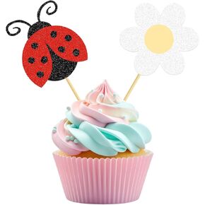 Ladybug Blooms Cupcake Toppers Glitter Flowers Ladybug Theme Cake Toppers Picks for Summer Garden Baby Shower Kids Birthday Wedding Party Cake Decorations Supplies - 24 Pack in Kuwait