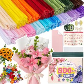OcePor 800 Pcs Pipe Cleaner Flower Kit, 19 Colors Pastel Pipe Cleaners Bulk, Rainbow Pipe Cleaner Craft with 18 Flowers Instruction, Colorful Chenille Stems, Floral Wire Stems, DIY Making for Arts in Kuwait