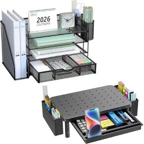 WALI Bundles- Computer Monitor Stand with Storage and Desk File Organizer, 4 Tier Desktop Paper Letter Tray Organizer with Drawer and 2 Pen Holders (PTT003-B+DO005DH-B) in Kuwait