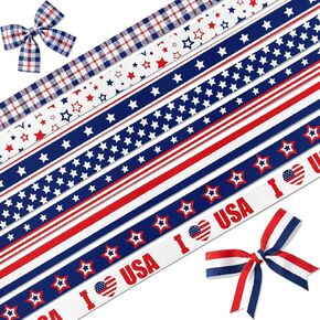 Patriotic Ribbon, 8 Pack 24 Yards 4th of July Grosgrain Ribbons 3/8 Inch Red White and Blue Stars Stripes for Gift Wrapping DIY Crafts American Flag Decoration in Saudi Arabia