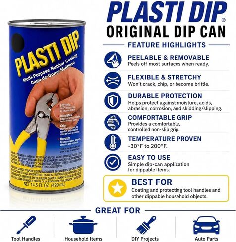 علبة Plasti Dip باللون الأسود الأصلية سعة 14.5 أونصة سائلة - طلاء مطاطي متعدد الأغراض قابل للنزع لمقابض الأدوات والمقابض والأدوات المنزلية وقطع غيار السيارات والمشروعات اليدوية - لمسة نهائية مرنة ومتينة وقابلة للإزالة in Kuwait