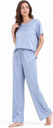 Joyaria Womens Pajamas/Pjs/Loungewear/Sleepwear Set Short Sleeve Top Soft/Comfy (Dusty Blue, Small) in Saudi Arabia