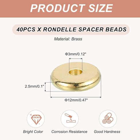 MECCANIXITY 40Pcs Rondelle Spacer Beads 12mm Diameter 3mm Hole Size 2.5mm Thick Metal Flat Disc Charm Circle for Bracelet Earring Necklace Jewelry Making, Gold in Kuwait