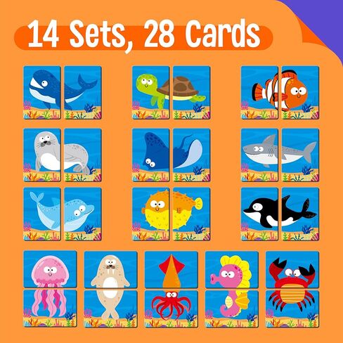 SpriteGru Marine Animal Memory Game, 28 Chunky Cards Sea Animals Head Tail Matching Game 1-5 Players Underwater Creatures Memory Matching Game for Preschoolers, Toddlers, Kids in Kuwait