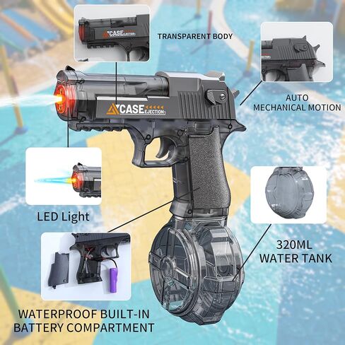 Electric Water Gun for Kids & Teens, Transparent Black Squirt Gun with LED Light & Auto Continuous Shooting, 25 FT Range, Large Capacity Water Blaster for Pool Beach Outdoor Play in Saudi Arabia