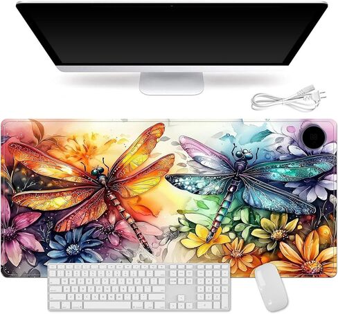 Heated Mouse Pad for Desk 31.5" x 13" – PU Leather Warm Desk Pad with 3 Heat Levels (104°F/113°F/122°F), Plug-in Electric Heating Mat with Auto Shut-Off, Waterproof & Rollable, Colorful Dragonflies in Kuwait