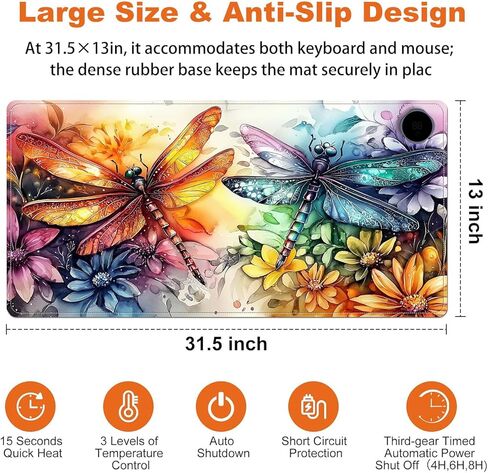 Heated Mouse Pad for Desk 31.5" x 13" – PU Leather Warm Desk Pad with 3 Heat Levels (104°F/113°F/122°F), Plug-in Electric Heating Mat with Auto Shut-Off, Waterproof & Rollable, Colorful Dragonflies in Kuwait