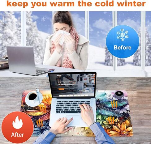 Heated Mouse Pad for Desk 31.5" x 13" – PU Leather Warm Desk Pad with 3 Heat Levels (104°F/113°F/122°F), Plug-in Electric Heating Mat with Auto Shut-Off, Waterproof & Rollable, Colorful Dragonflies in Kuwait