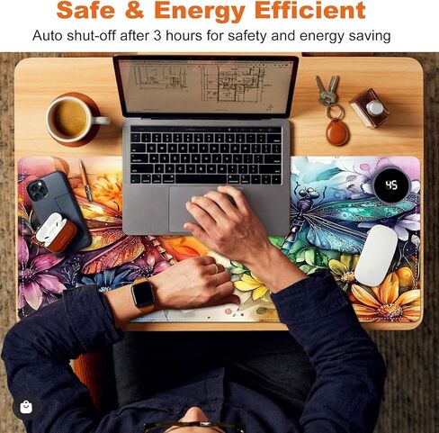 Heated Mouse Pad for Desk 31.5" x 13" – PU Leather Warm Desk Pad with 3 Heat Levels (104°F/113°F/122°F), Plug-in Electric Heating Mat with Auto Shut-Off, Waterproof & Rollable, Colorful Dragonflies in Kuwait