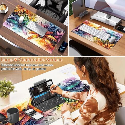 Heated Mouse Pad for Desk 31.5" x 13" – PU Leather Warm Desk Pad with 3 Heat Levels (104°F/113°F/122°F), Plug-in Electric Heating Mat with Auto Shut-Off, Waterproof & Rollable, Colorful Dragonflies in Kuwait