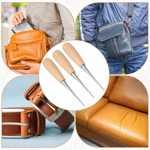 3 Pcs Leather Craft Awl Tools, Scratch Awl Tool with Wood Handle, Tailors Awls, Leather Hole Punch Tool, Sewing Awls for DIY Sewing Stitching in Saudi Arabia