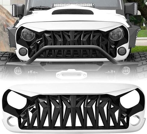 AMERICAN MODIFIED Heavy Duty Aggressive Front Shark Grille Compatible with 2007 to 2018 Jeep Wrangler, JK/JKU, Rubicon, and Sahara Sport Models, White and Black in Saudi Arabia