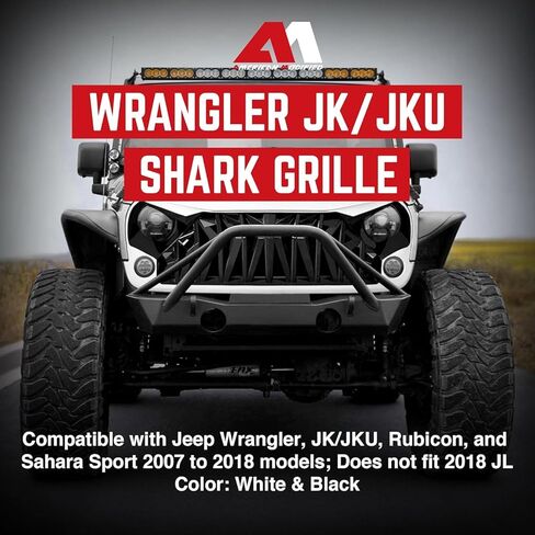 AMERICAN MODIFIED Heavy Duty Aggressive Front Shark Grille Compatible with 2007 to 2018 Jeep Wrangler, JK/JKU, Rubicon, and Sahara Sport Models, White and Black in Saudi Arabia