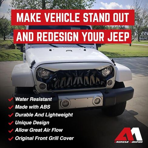 AMERICAN MODIFIED Heavy Duty Aggressive Front Shark Grille Compatible with 2007 to 2018 Jeep Wrangler, JK/JKU, Rubicon, and Sahara Sport Models, White and Black in Saudi Arabia