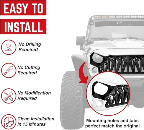 AMERICAN MODIFIED Heavy Duty Aggressive Front Shark Grille Compatible with 2007 to 2018 Jeep Wrangler, JK/JKU, Rubicon, and Sahara Sport Models, White and Black in Saudi Arabia