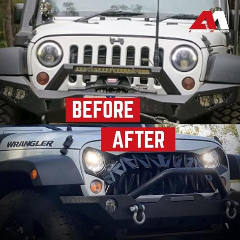 AMERICAN MODIFIED Heavy Duty Aggressive Front Shark Grille Compatible with 2007 to 2018 Jeep Wrangler, JK/JKU, Rubicon, and Sahara Sport Models, White and Black in Saudi Arabia