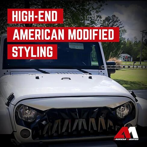 AMERICAN MODIFIED Heavy Duty Aggressive Front Shark Grille Compatible with 2007 to 2018 Jeep Wrangler, JK/JKU, Rubicon, and Sahara Sport Models, White and Black in Saudi Arabia