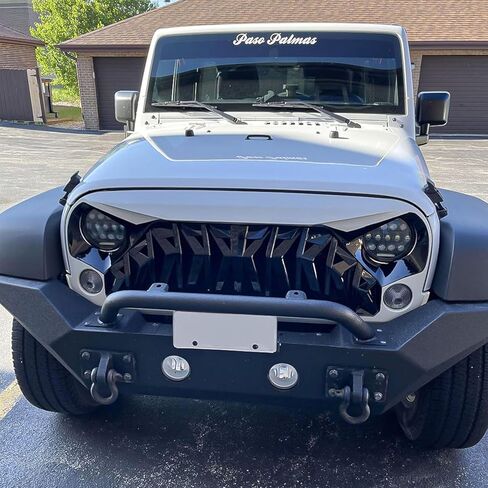 AMERICAN MODIFIED Heavy Duty Aggressive Front Shark Grille Compatible with 2007 to 2018 Jeep Wrangler, JK/JKU, Rubicon, and Sahara Sport Models, White and Black in Saudi Arabia