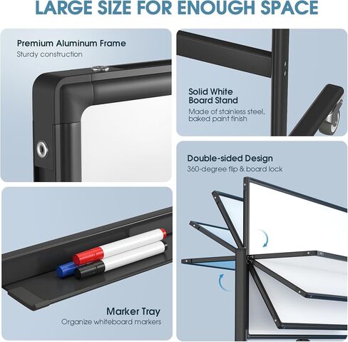 سبورة بيضاء كبيرة الحجم من MaxGear، لوحة بيضاء متنقلة مقاس 72 × 40 على عجلات، لوحة مسح جافة مغناطيسية مزدوجة الجوانب مع حامل، سبورة بيضاء بارتفاع قابل للتعديل للمنزل والمدرسة والمكتب، باللون الأسود in Kuwait
