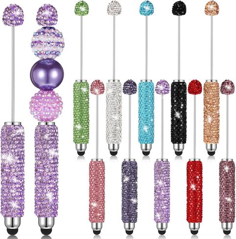 Tondiamo 10 Pcs Glitter Beadable Stylus Pens Diamond Full Rhinestone Bead Bling Stylus Pens for Rubber Touch Screen Handwriting Ballpoint Pen for Trendy Stuff Women DIY Craft Making Office Supplies in Kuwait
