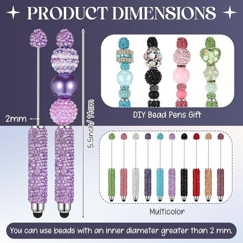 Tondiamo 10 Pcs Glitter Beadable Stylus Pens Diamond Full Rhinestone Bead Bling Stylus Pens for Rubber Touch Screen Handwriting Ballpoint Pen for Trendy Stuff Women DIY Craft Making Office Supplies in Kuwait