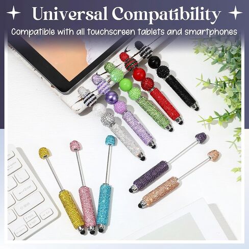 Tondiamo 10 Pcs Glitter Beadable Stylus Pens Diamond Full Rhinestone Bead Bling Stylus Pens for Rubber Touch Screen Handwriting Ballpoint Pen for Trendy Stuff Women DIY Craft Making Office Supplies in Kuwait