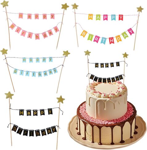 4PCS Happy Birthday Cake Banner, Happy Birthday Banner, Gold Star Cake Topper, Colorful Rainbow Cakes Decoration for Men Women Baby Shower Party Baking Decoration Supplies, 4 Style in Saudi Arabia