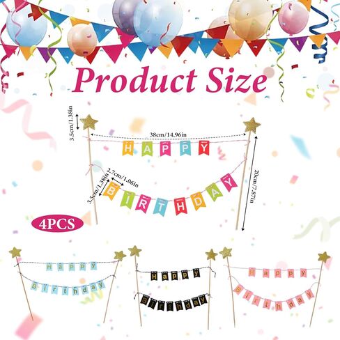 4PCS Happy Birthday Cake Banner, Happy Birthday Banner, Gold Star Cake Topper, Colorful Rainbow Cakes Decoration for Men Women Baby Shower Party Baking Decoration Supplies, 4 Style in Saudi Arabia