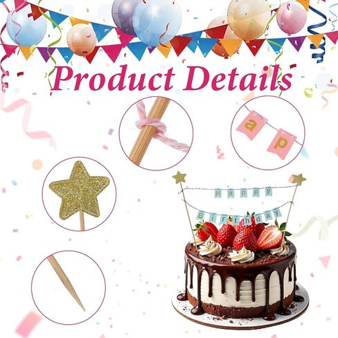 4PCS Happy Birthday Cake Banner, Happy Birthday Banner, Gold Star Cake Topper, Colorful Rainbow Cakes Decoration for Men Women Baby Shower Party Baking Decoration Supplies, 4 Style in Saudi Arabia
