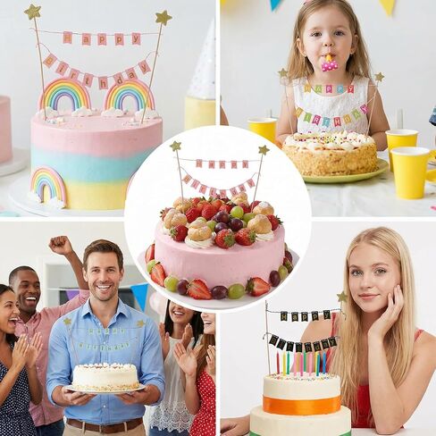 4PCS Happy Birthday Cake Banner, Happy Birthday Banner, Gold Star Cake Topper, Colorful Rainbow Cakes Decoration for Men Women Baby Shower Party Baking Decoration Supplies, 4 Style in Saudi Arabia