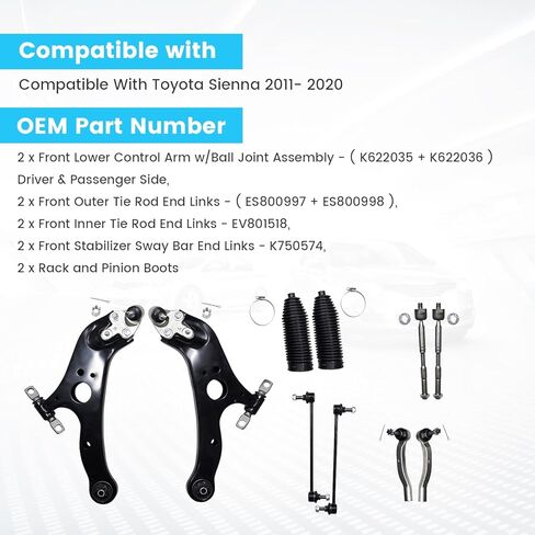طقم تعليق أمامي 10 قطع لـ 2011-2020 Toyota Sienna ذراع التحكم السفلي مع وصلة كروية وصلة قضيب ربط خارجي وداخلي (# K622035 K622036 K750574 EV801518 ES800997) in Kuwait