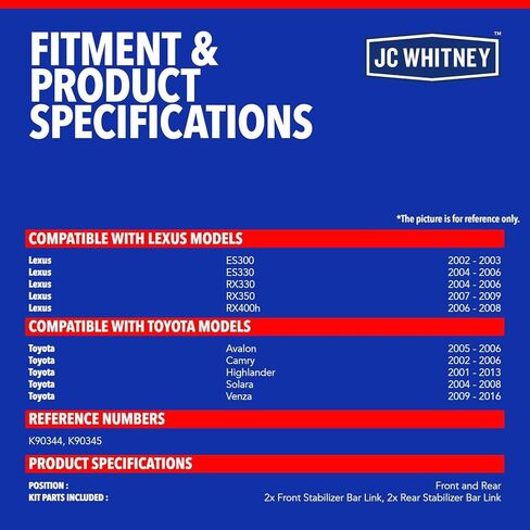 JC Whitney JFBAJCWCA00433 مجموعة من 4 وصلات Sway Bar (أمامية وخلفية) - متوافقة مع Toyota Camry 02-06، Highlander 01-13، Lexus RX350 07-09، RX400h 06-08، RX330 04-06، ES300 02-03، ES330 04-06 in Kuwait