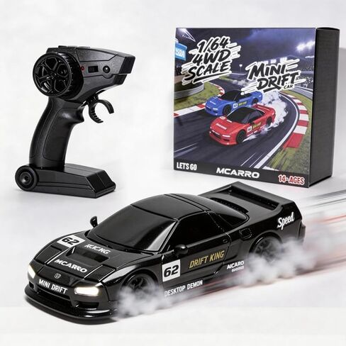 1/64 Scale Mini RC Drift Car, 60 Mins Playtime 2.4GHz Remote Control Car with 2-Speed Modes & LED Lights, Micro 4WD RC Stunt Race Car, (Black) in Saudi Arabia
