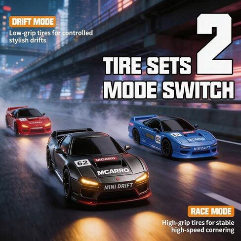 1/64 Scale Mini RC Drift Car, 60 Mins Playtime 2.4GHz Remote Control Car with 2-Speed Modes & LED Lights, Micro 4WD RC Stunt Race Car, (Black) in Saudi Arabia
