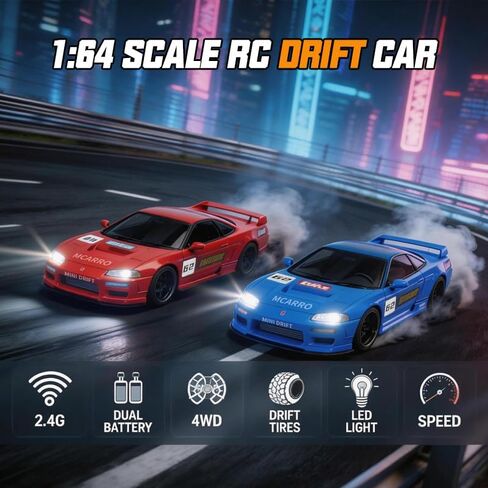 1/64 Scale Mini RC Drift Car, 60 Mins Playtime 2.4GHz Remote Control Car with 2-Speed Modes & LED Lights, Micro 4WD RC Stunt Race Car, (Black) in Saudi Arabia
