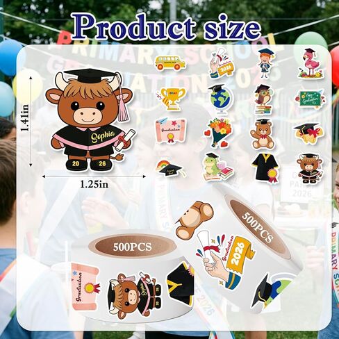 1000 Pcs Preschool Kindergarten Graduation Stickers in 2 Rolls, Waterproof Vinyl Grad Decals for Kids, Cute School 2026 Stickers for Water Bottles Card Envelope Gifts in Saudi Arabia