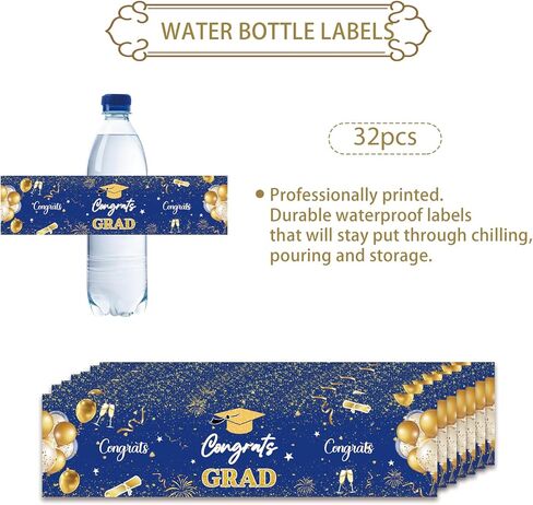 32pcs Congrats Grad Water Bottle Labels, Graduation Water Bottle Wrappers, Blue Class of 2026 Stickers for College Graduation Party Decoration in Kuwait
