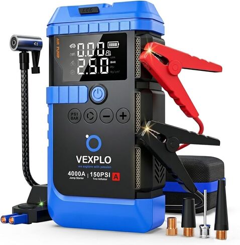 VEXPLO Jump Starter with Air Compressor, 4000A Car Battery Jumper Starter Portable (9.0 Gas/8L Diesel) 150PSI Auto-Off Tire Inflator, 45W Fast Charge, Led Light, 8-in-1 Roadside Emergency Kit in Saudi Arabia