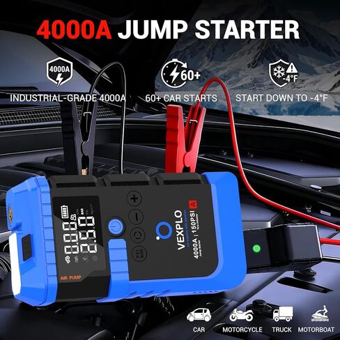 VEXPLO Jump Starter with Air Compressor, 4000A Car Battery Jumper Starter Portable (9.0 Gas/8L Diesel) 150PSI Auto-Off Tire Inflator, 45W Fast Charge, Led Light, 8-in-1 Roadside Emergency Kit in Saudi Arabia