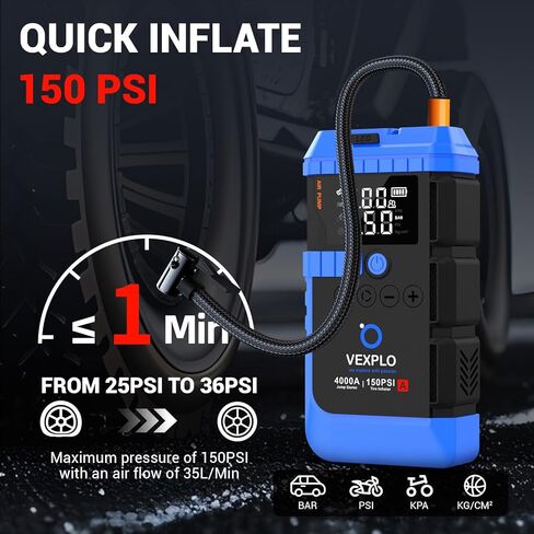 VEXPLO Jump Starter with Air Compressor, 4000A Car Battery Jumper Starter Portable (9.0 Gas/8L Diesel) 150PSI Auto-Off Tire Inflator, 45W Fast Charge, Led Light, 8-in-1 Roadside Emergency Kit in Saudi Arabia