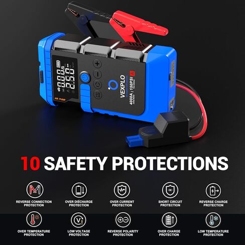 VEXPLO Jump Starter with Air Compressor, 4000A Car Battery Jumper Starter Portable (9.0 Gas/8L Diesel) 150PSI Auto-Off Tire Inflator, 45W Fast Charge, Led Light, 8-in-1 Roadside Emergency Kit in Saudi Arabia